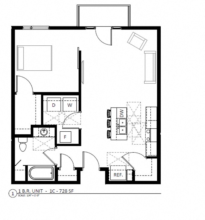 Floor plan for 1 bed, 1 bath, 728 sqft